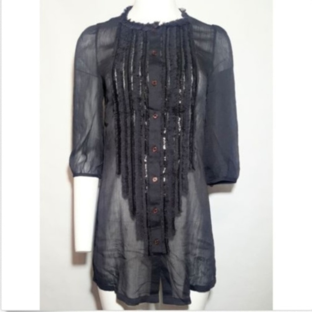 Donna Sui Blouse Black Sequin Sheer Button Tunic
